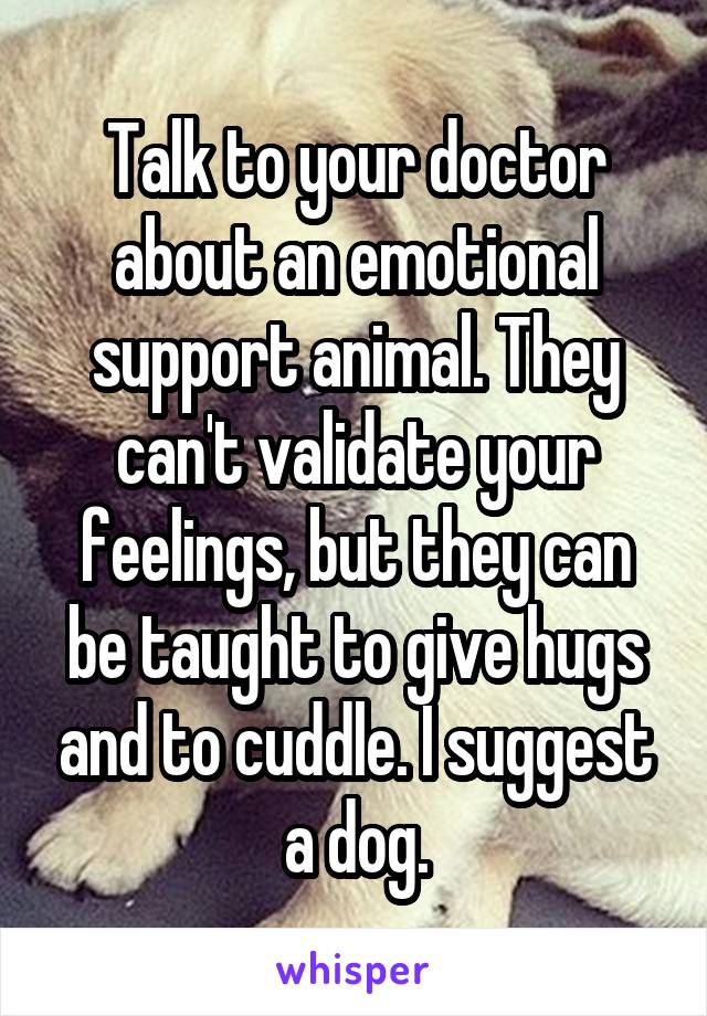 Talk to your doctor about an emotional support animal. They can't validate your feelings, but they can be taught to give hugs and to cuddle. I suggest a dog.