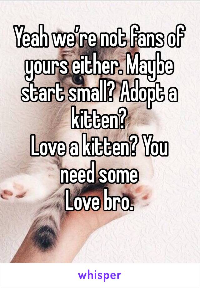 Yeah we’re not fans of yours either. Maybe start small? Adopt a kitten?
Love a kitten? You need some
Love bro.