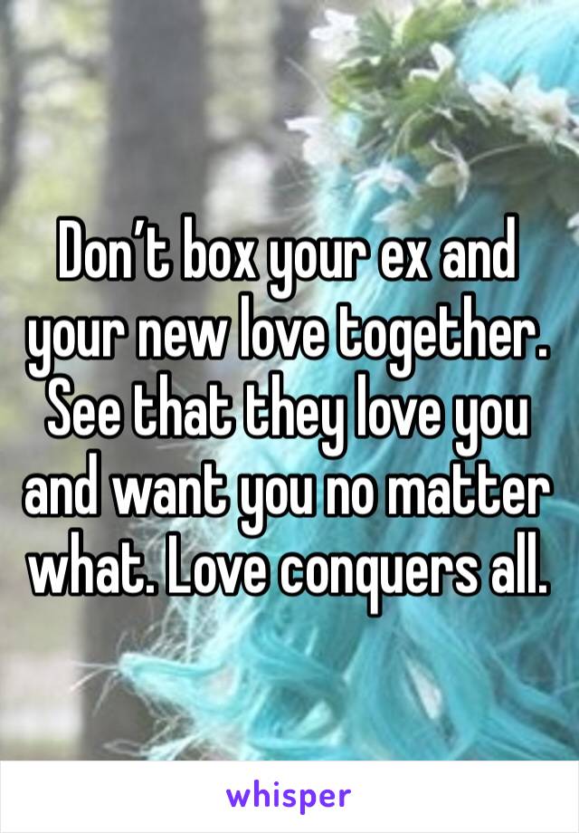 Don’t box your ex and your new love together. See that they love you and want you no matter what. Love conquers all. 