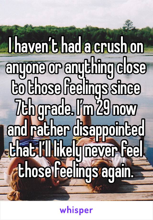 I haven’t had a crush on anyone or anything close to those feelings since 7th grade. I’m 29 now and rather disappointed that I’ll likely never feel those feelings again.