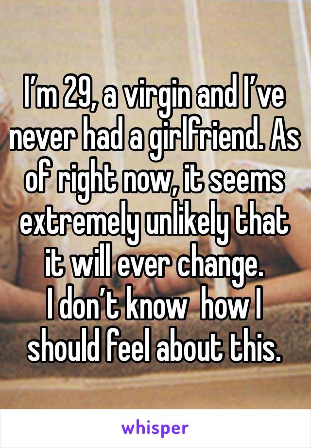 I’m 29, a virgin and I’ve never had a girlfriend. As of right now, it seems extremely unlikely that it will ever change. 
I don’t know  how I should feel about this.