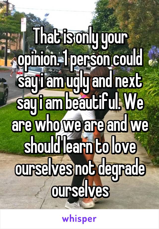 That is only your opinion. 1 person could say i am ugly and next say i am beautiful. We are who we are and we should learn to love ourselves not degrade ourselves