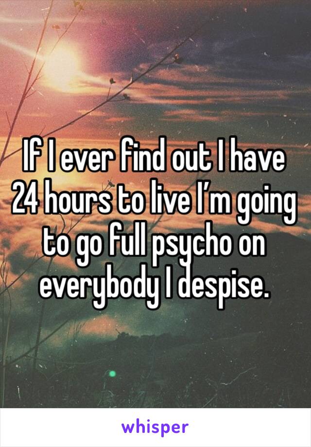 If I ever find out I have 24 hours to live I’m going to go full psycho on everybody I despise. 