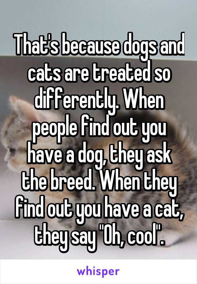 That's because dogs and cats are treated so differently. When people find out you have a dog, they ask the breed. When they find out you have a cat, they say "Oh, cool".