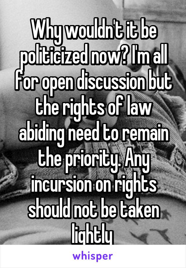 Why wouldn't it be politicized now? I'm all for open discussion but the rights of law abiding need to remain the priority. Any incursion on rights should not be taken lightly 