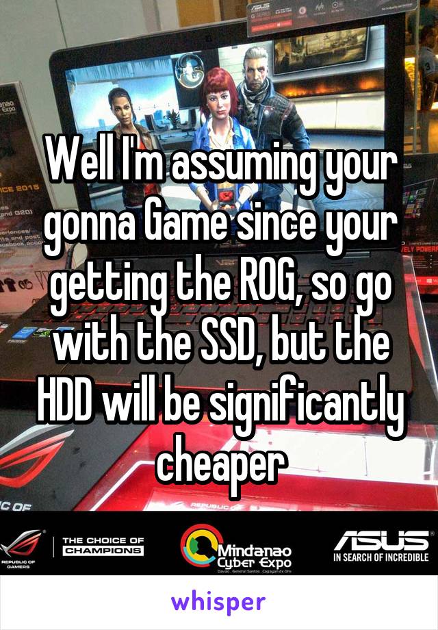 Well I'm assuming your gonna Game since your getting the ROG, so go with the SSD, but the HDD will be significantly cheaper