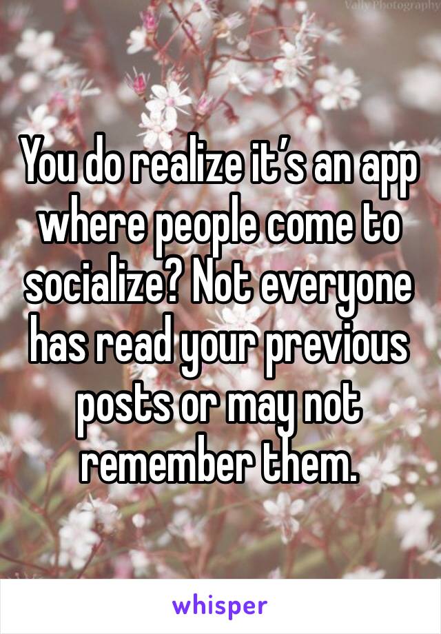 You do realize it’s an app where people come to socialize? Not everyone has read your previous posts or may not remember them.