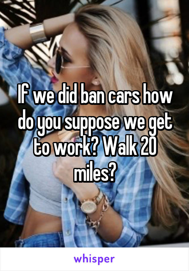 If we did ban cars how do you suppose we get to work? Walk 20 miles?