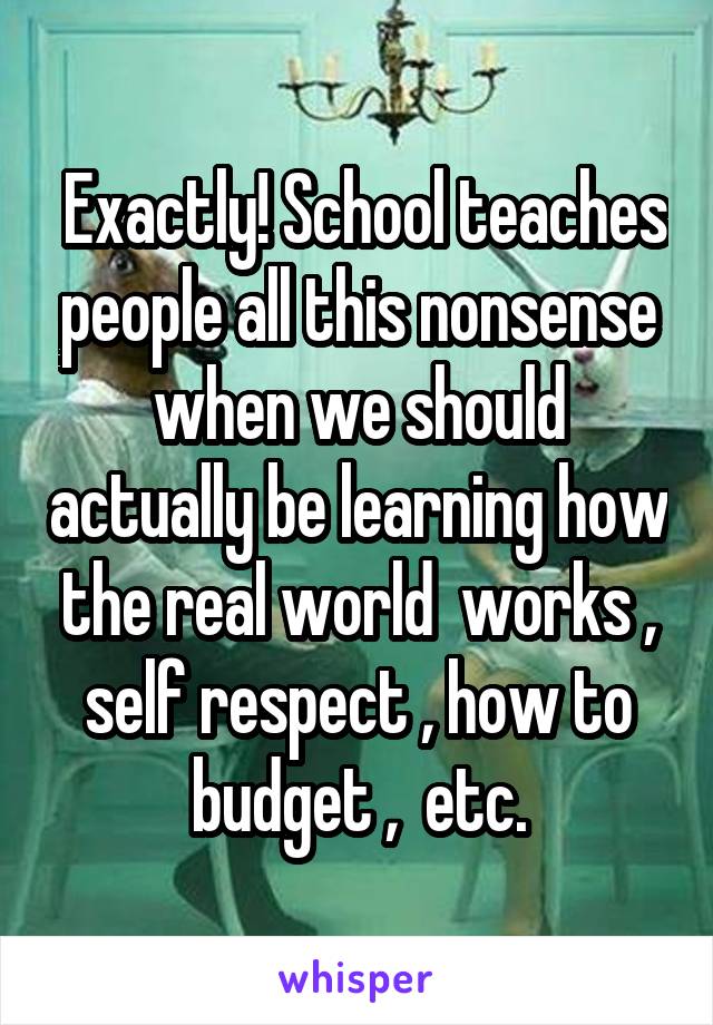  Exactly! School teaches people all this nonsense when we should actually be learning how the real world  works , self respect , how to budget ,  etc.