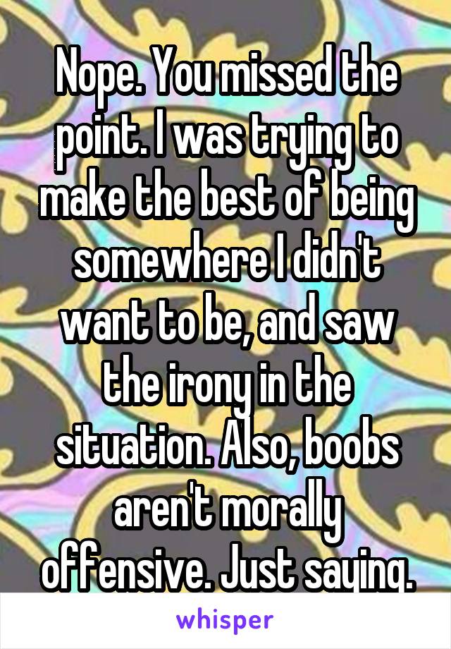 Nope. You missed the point. I was trying to make the best of being somewhere I didn't want to be, and saw the irony in the situation. Also, boobs aren't morally offensive. Just saying.