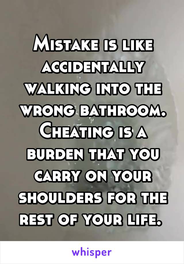 Mistake is like accidentally walking into the wrong bathroom. Cheating is a burden that you carry on your shoulders for the rest of your life. 
