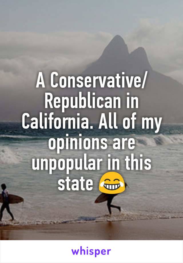 A Conservative/Republican in California. All of my opinions are unpopular in this state 😂