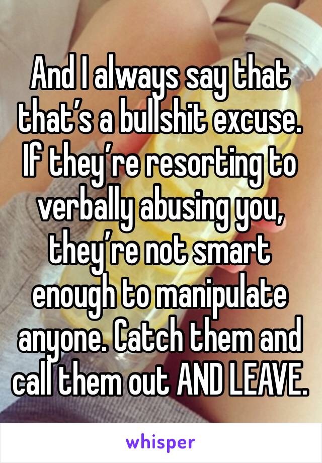 And I always say that that’s a bullshit excuse. If they’re resorting to verbally abusing you, they’re not smart enough to manipulate anyone. Catch them and call them out AND LEAVE. 