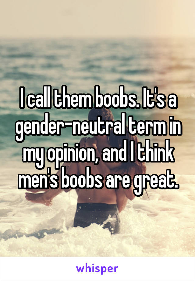 I call them boobs. It's a gender-neutral term in my opinion, and I think men's boobs are great.