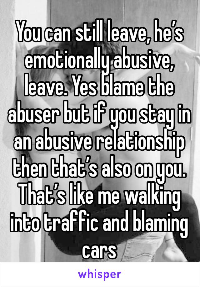 You can still leave, he’s emotionally abusive, leave. Yes blame the abuser but if you stay in an abusive relationship then that’s also on you. That’s like me walking into traffic and blaming cars