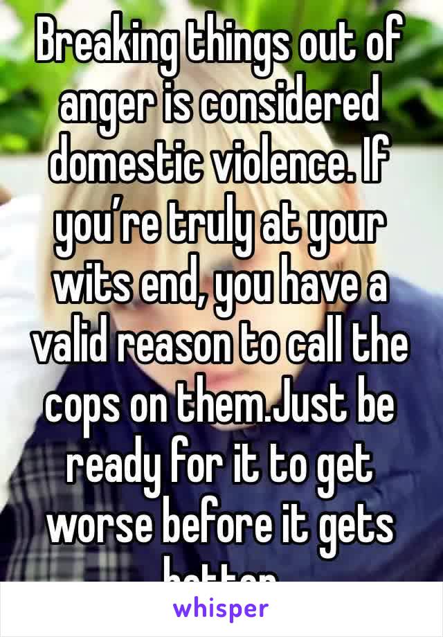 Breaking things out of anger is considered domestic violence. If you’re truly at your wits end, you have a valid reason to call the cops on them.Just be ready for it to get worse before it gets better