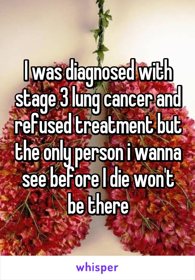 I was diagnosed with stage 3 lung cancer and refused treatment but the only person i wanna see before I die won't be there