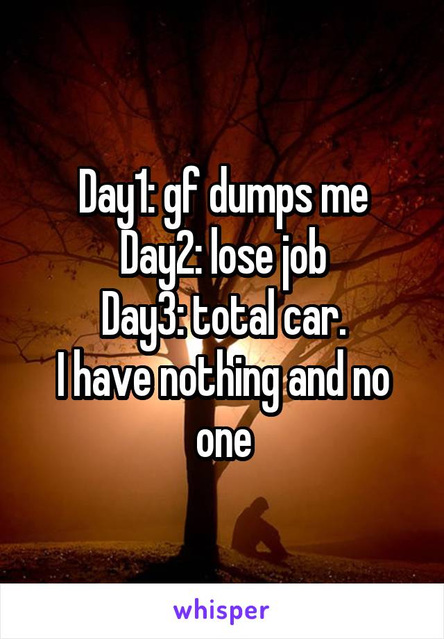 Day1: gf dumps me
Day2: lose job
Day3: total car.
I have nothing and no one