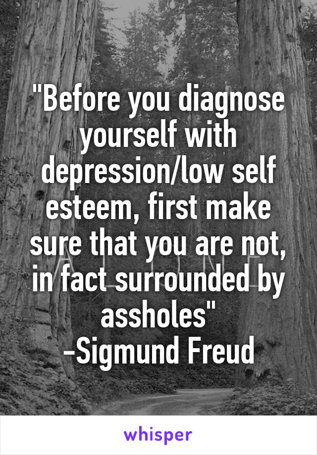 "Before you diagnose yourself with depression/low self esteem, first make sure that you are not, in fact surrounded by assholes"
-Sigmund Freud