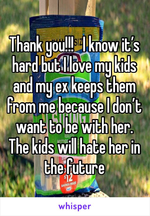 Thank you!!!   I know it’s hard but I love my kids and my ex keeps them from me because I don’t want to be with her. The kids will hate her in the future