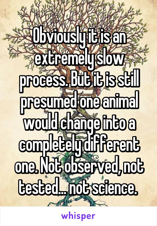 Obviously it is an extremely slow process. But it is still presumed one animal would change into a completely different one. Not observed, not tested... not science. 