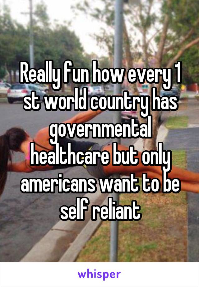 Really fun how every 1 st world country has governmental healthcare but only americans want to be self reliant