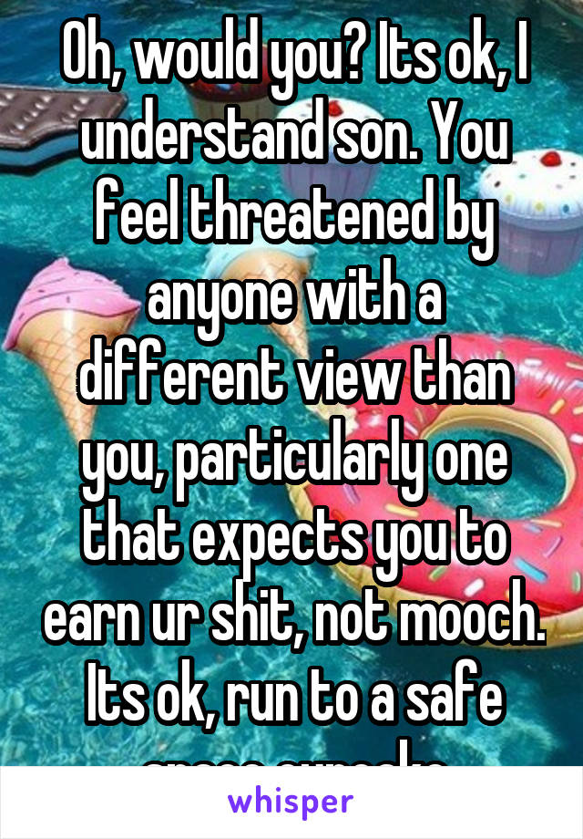 Oh, would you? Its ok, I understand son. You feel threatened by anyone with a different view than you, particularly one that expects you to earn ur shit, not mooch. Its ok, run to a safe space cupcake