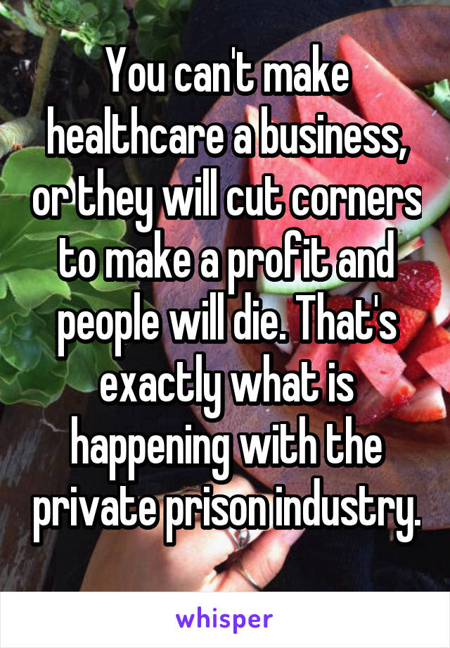 You can't make healthcare a business, or they will cut corners to make a profit and people will die. That's exactly what is happening with the private prison industry. 