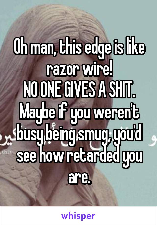 Oh man, this edge is like razor wire!
NO ONE GIVES A SHIT.
Maybe if you weren't busy being smug, you'd see how retarded you are.