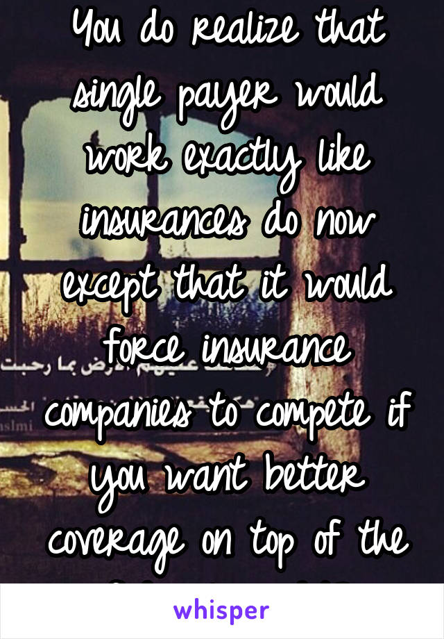 You do realize that single payer would work exactly like insurances do now except that it would force insurance companies to compete if you want better coverage on top of the federal, right?