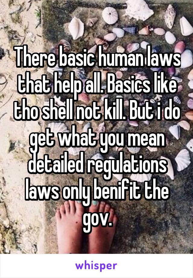 There basic human laws that help all. Basics like tho shell not kill. But i do get what you mean detailed regulations laws only benifit the gov.