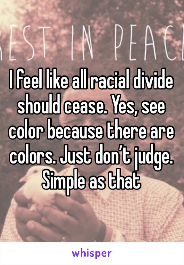I feel like all racial divide should cease. Yes, see color because there are colors. Just don’t judge. Simple as that