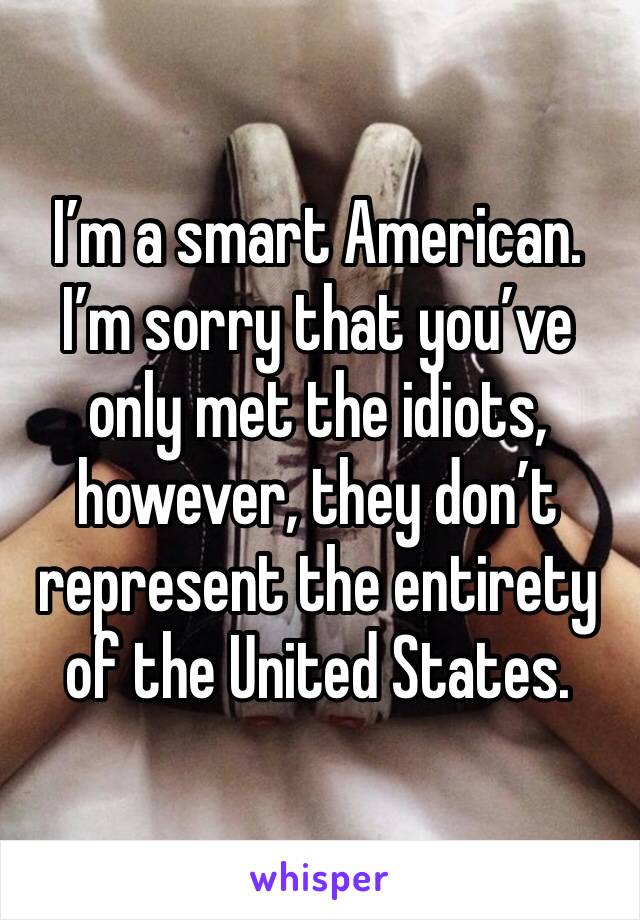 I’m a smart American. I’m sorry that you’ve only met the idiots, however, they don’t represent the entirety of the United States.