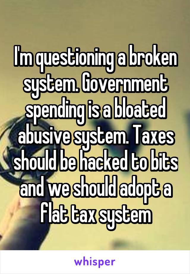 I'm questioning a broken system. Government spending is a bloated abusive system. Taxes should be hacked to bits and we should adopt a flat tax system