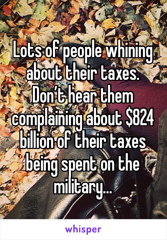 Lots of people whining about their taxes. 
Don’t hear them complaining about $824 billion of their taxes being spent on the military...