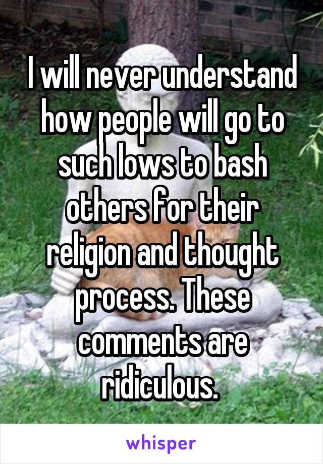 I will never understand how people will go to such lows to bash others for their religion and thought process. These comments are ridiculous. 