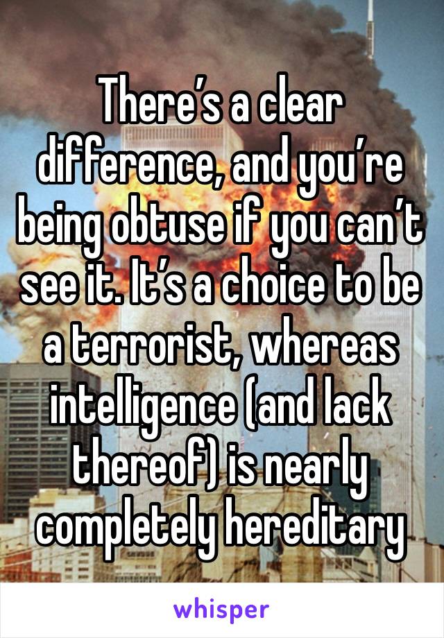 There’s a clear difference, and you’re being obtuse if you can’t see it. It’s a choice to be a terrorist, whereas intelligence (and lack thereof) is nearly completely hereditary