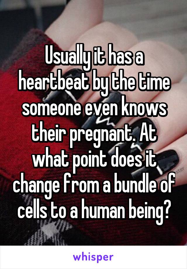 Usually it has a heartbeat by the time someone even knows their pregnant. At what point does it change from a bundle of cells to a human being?