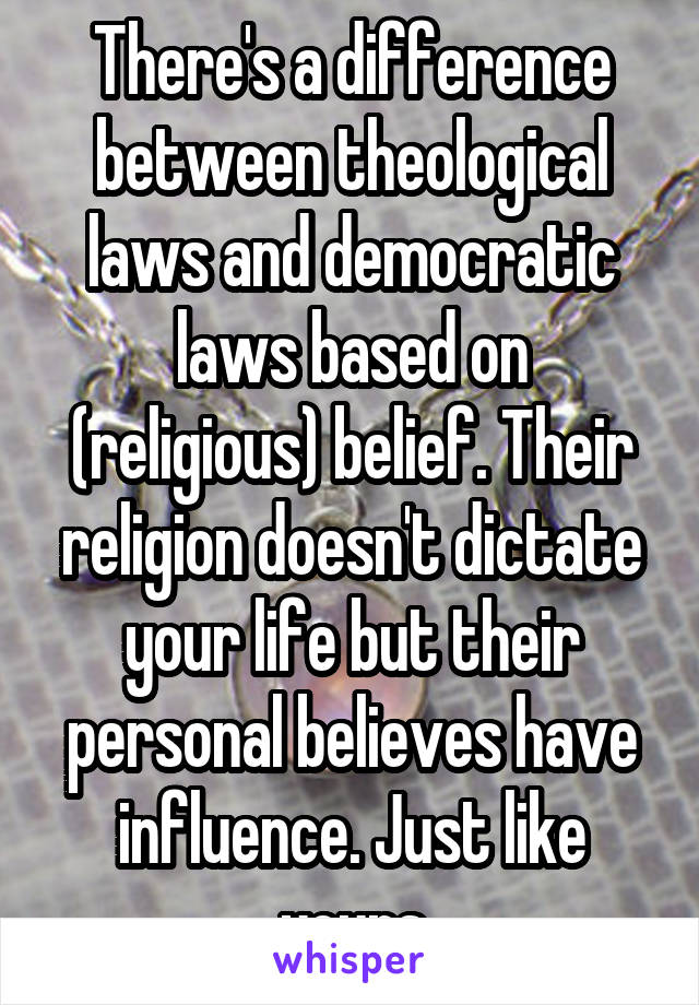 There's a difference between theological laws and democratic laws based on (religious) belief. Their religion doesn't dictate your life but their personal believes have influence. Just like yours