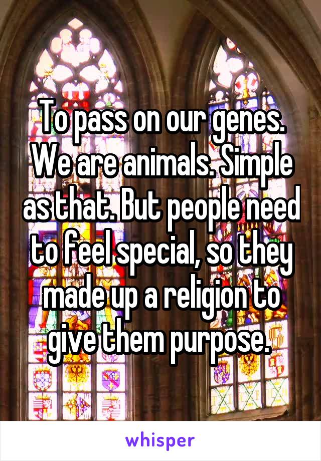 To pass on our genes. We are animals. Simple as that. But people need to feel special, so they made up a religion to give them purpose. 