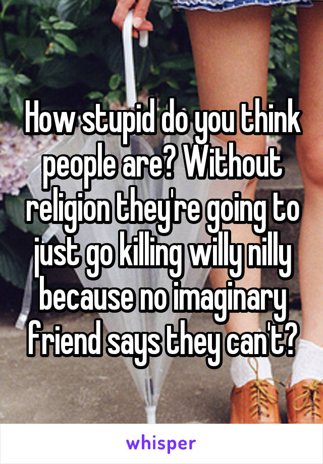 How stupid do you think people are? Without religion they're going to just go killing willy nilly because no imaginary friend says they can't?