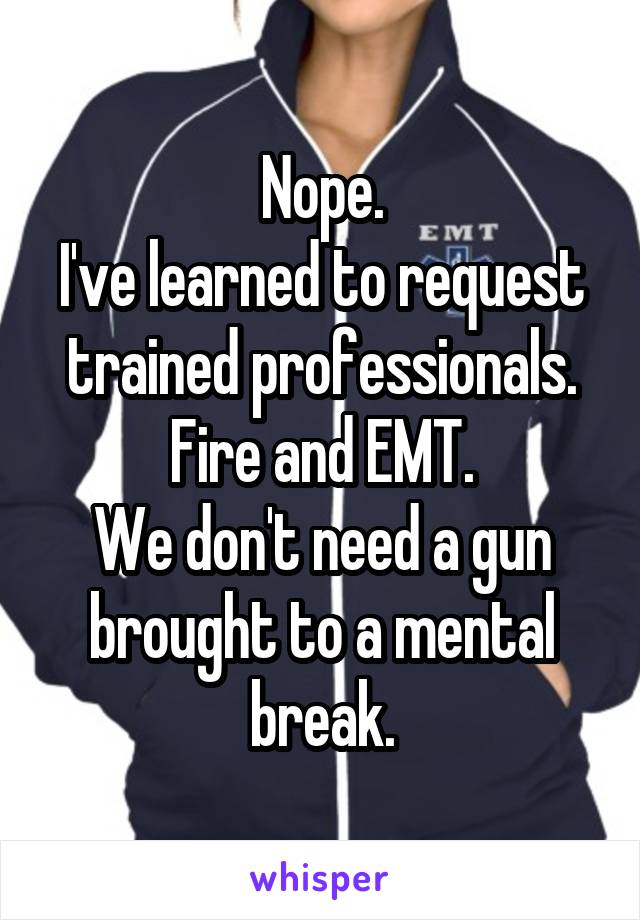 Nope.
I've learned to request trained professionals.
Fire and EMT.
We don't need a gun brought to a mental break.