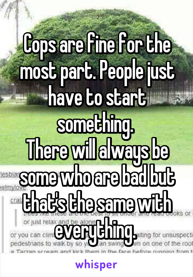 Cops are fine for the most part. People just have to start something. 
There will always be some who are bad but that's the same with everything. 