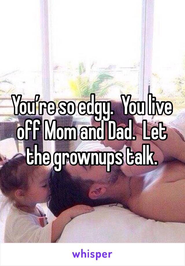 You’re so edgy.  You live off Mom and Dad.  Let the grownups talk. 