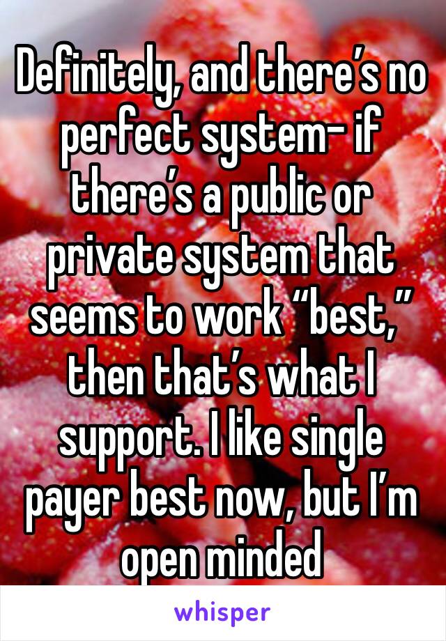 Definitely, and there’s no perfect system- if there’s a public or private system that seems to work “best,” then that’s what I support. I like single payer best now, but I’m open minded 