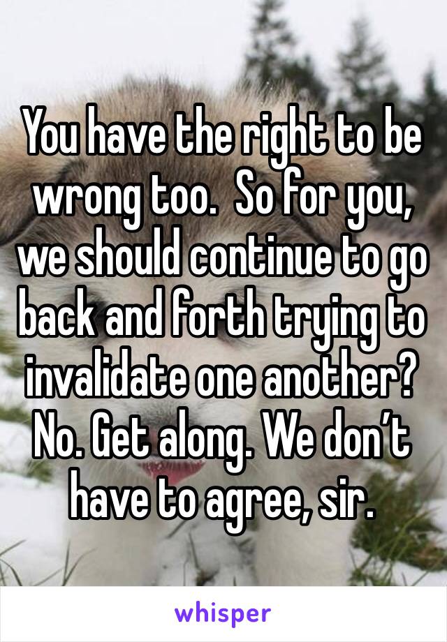 You have the right to be wrong too.  So for you, we should continue to go back and forth trying to invalidate one another? No. Get along. We don’t have to agree, sir. 