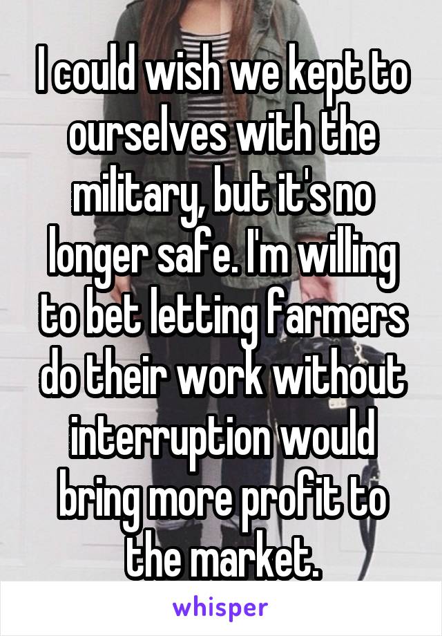 I could wish we kept to ourselves with the military, but it's no longer safe. I'm willing to bet letting farmers do their work without interruption would bring more profit to the market.