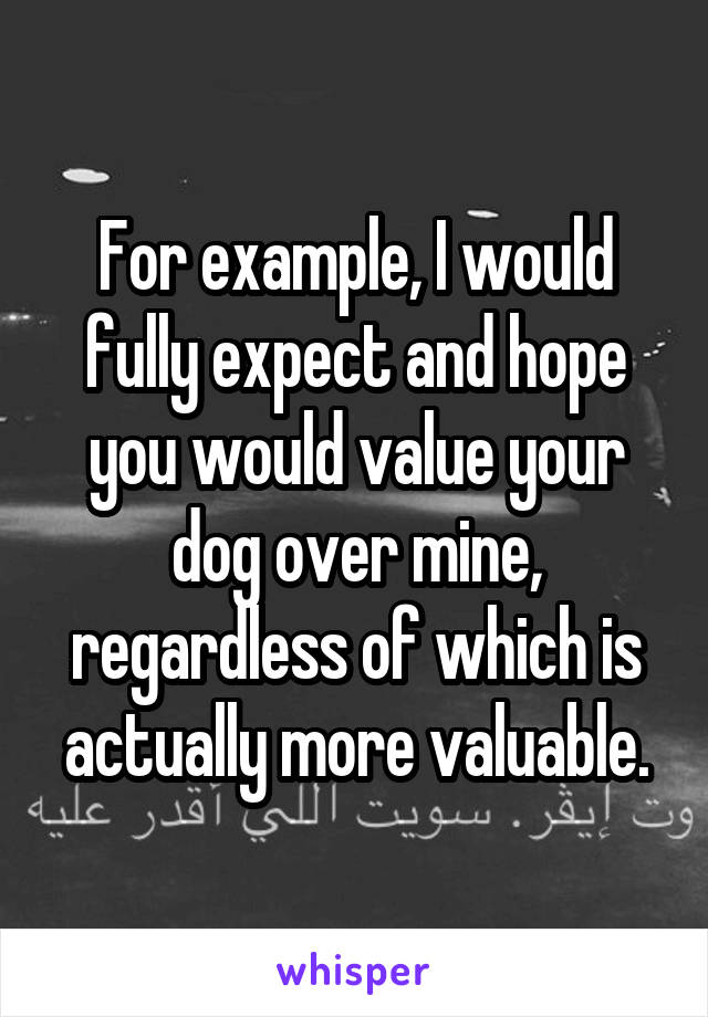 For example, I would fully expect and hope you would value your dog over mine, regardless of which is actually more valuable.