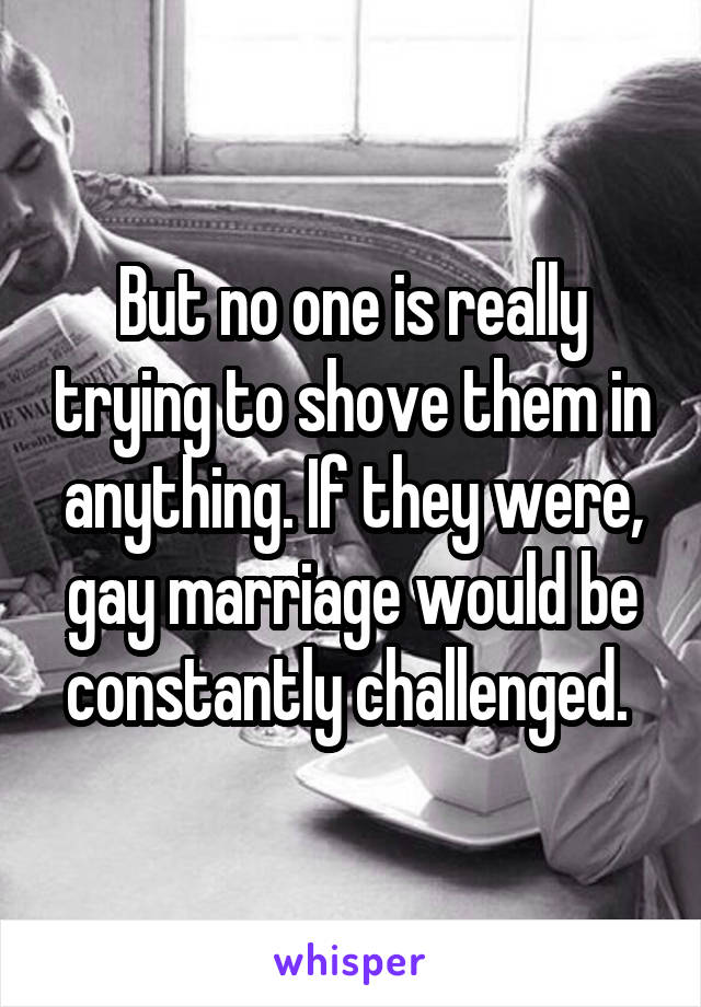 But no one is really trying to shove them in anything. If they were, gay marriage would be constantly challenged. 