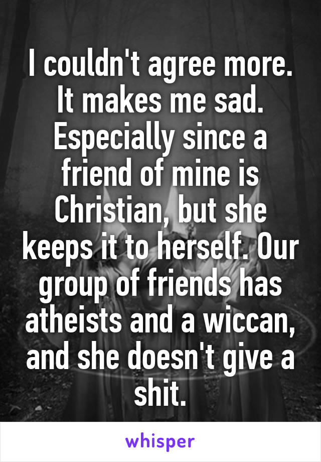 I couldn't agree more.
It makes me sad.
Especially since a friend of mine is Christian, but she keeps it to herself. Our group of friends has atheists and a wiccan, and she doesn't give a shit.